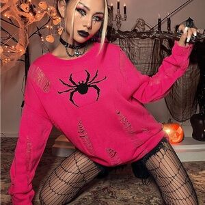 Halloween Spider 🕷️ Bright Pink Distressed Long Sleeve Sweater OVERSIZED